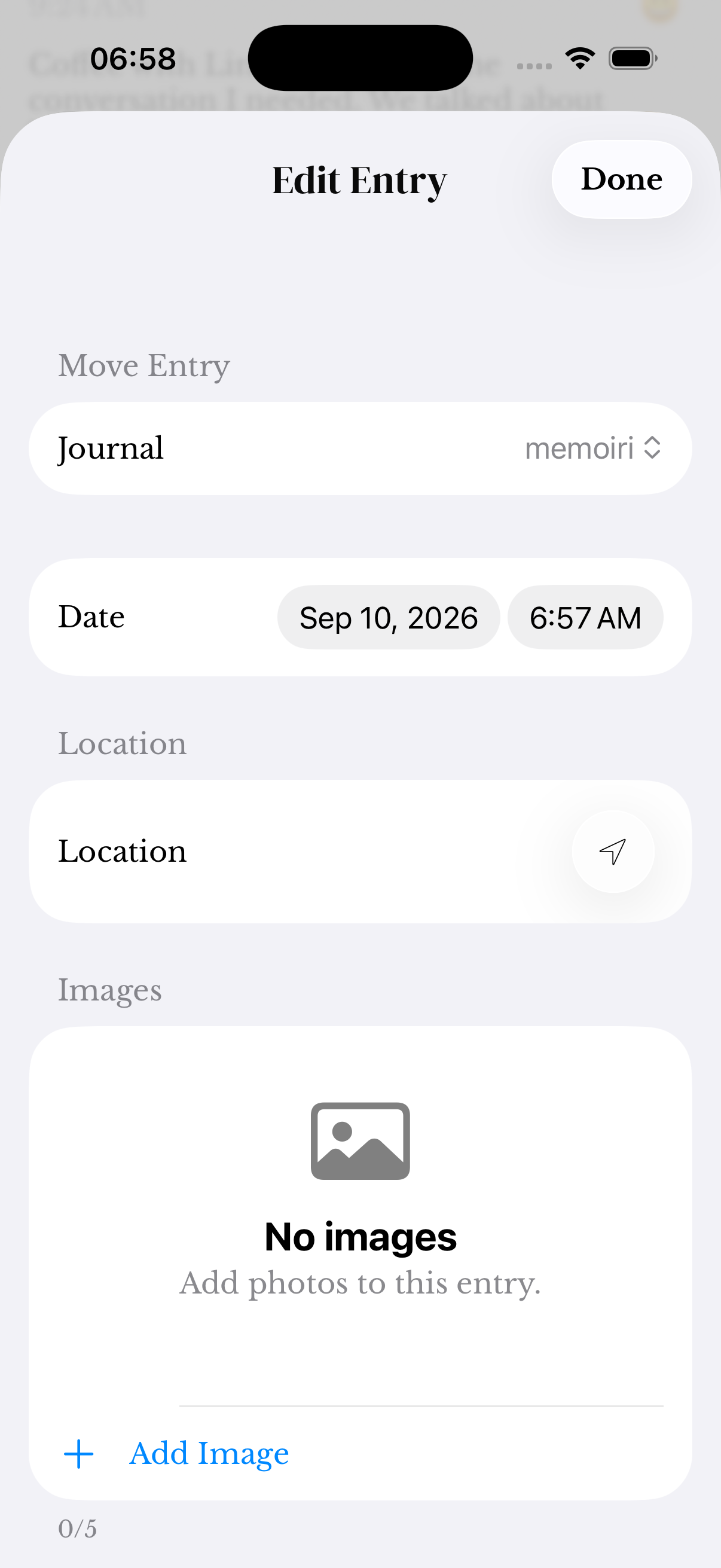 Edit Entry controls showing the Move Entry journal picker, date and time fields, and Location.