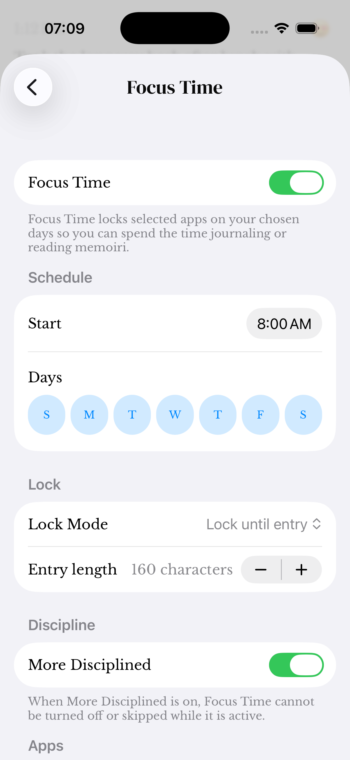 Focus Time settings showing a start time, selected weekdays, Lock until entry, a character goal and More Disciplined.