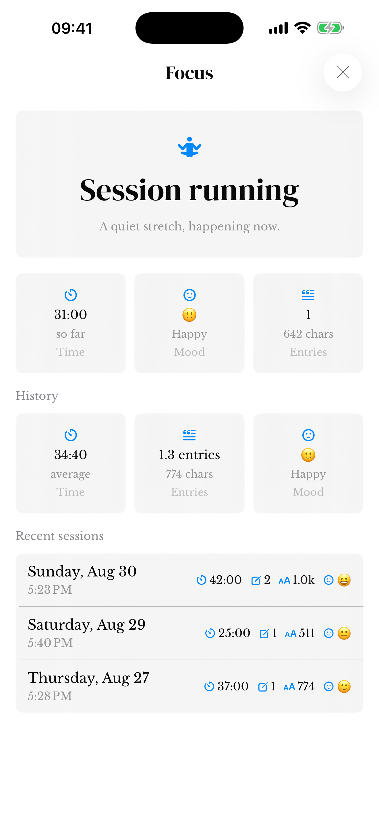 Focus session showing Session running, elapsed time, mood and entry count.
