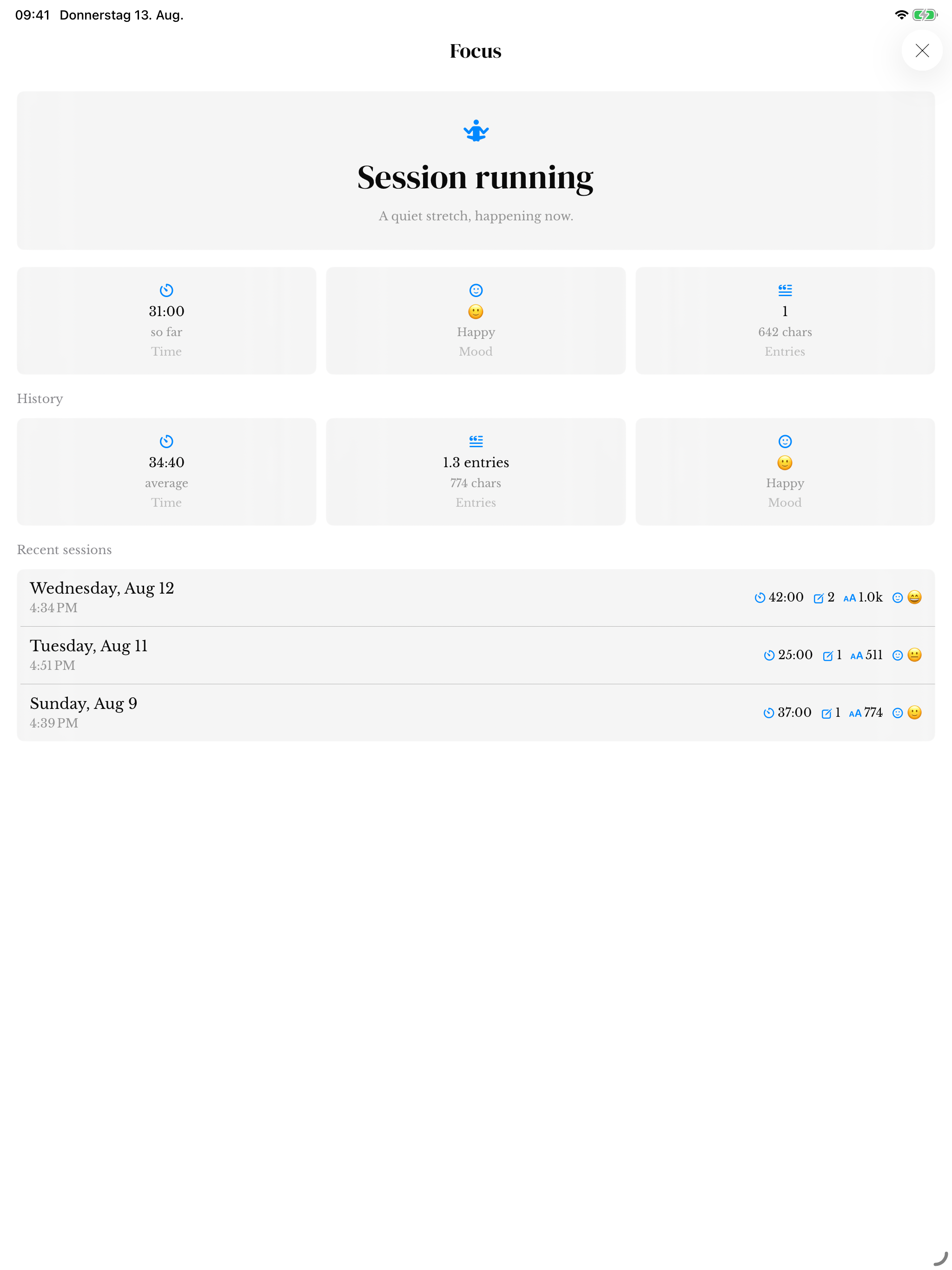 iPad Focus view with elapsed time, entry and mood statistics, history and recent sessions.