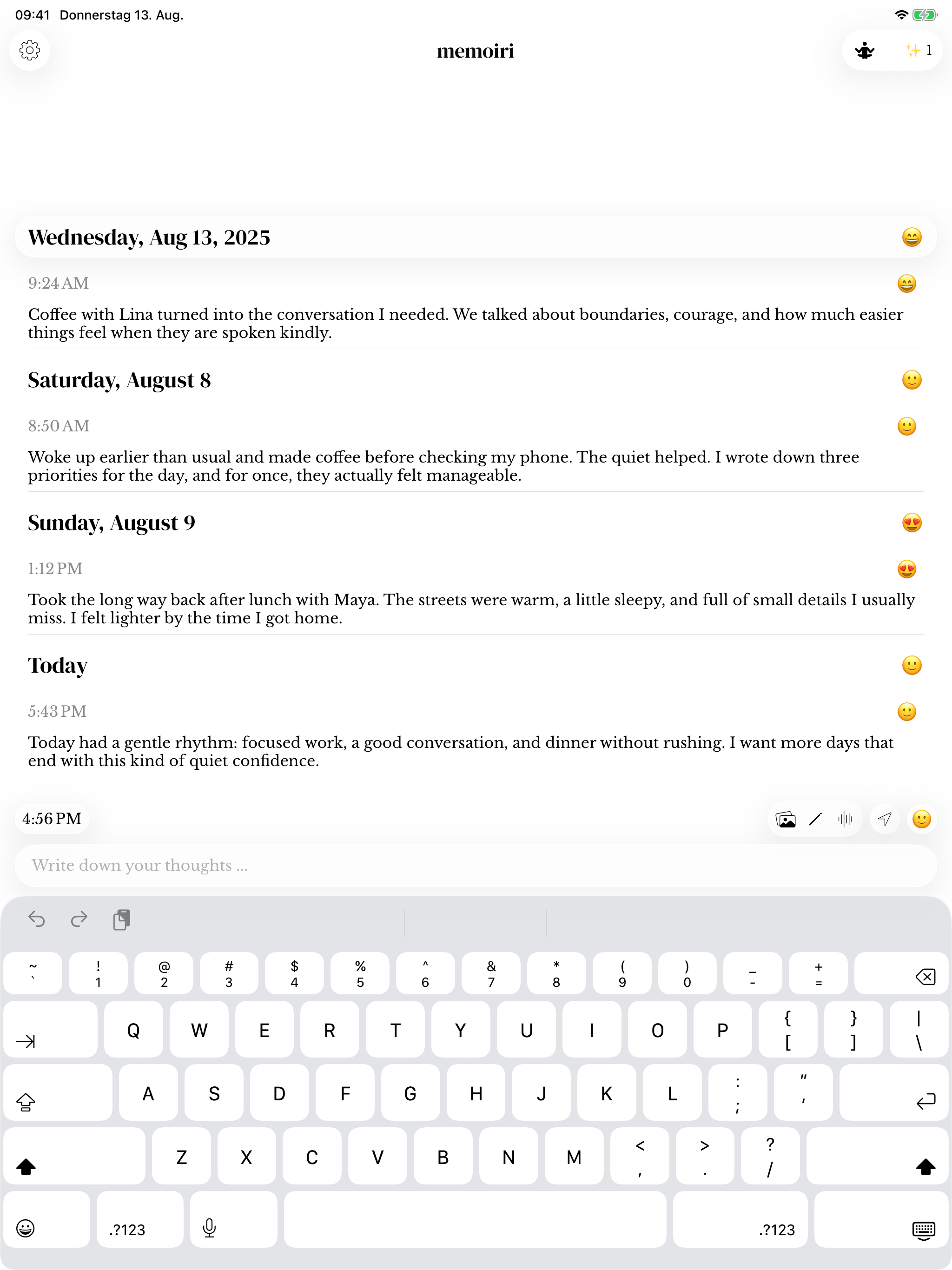 iPad writing view with an active composer and onscreen keyboard.
