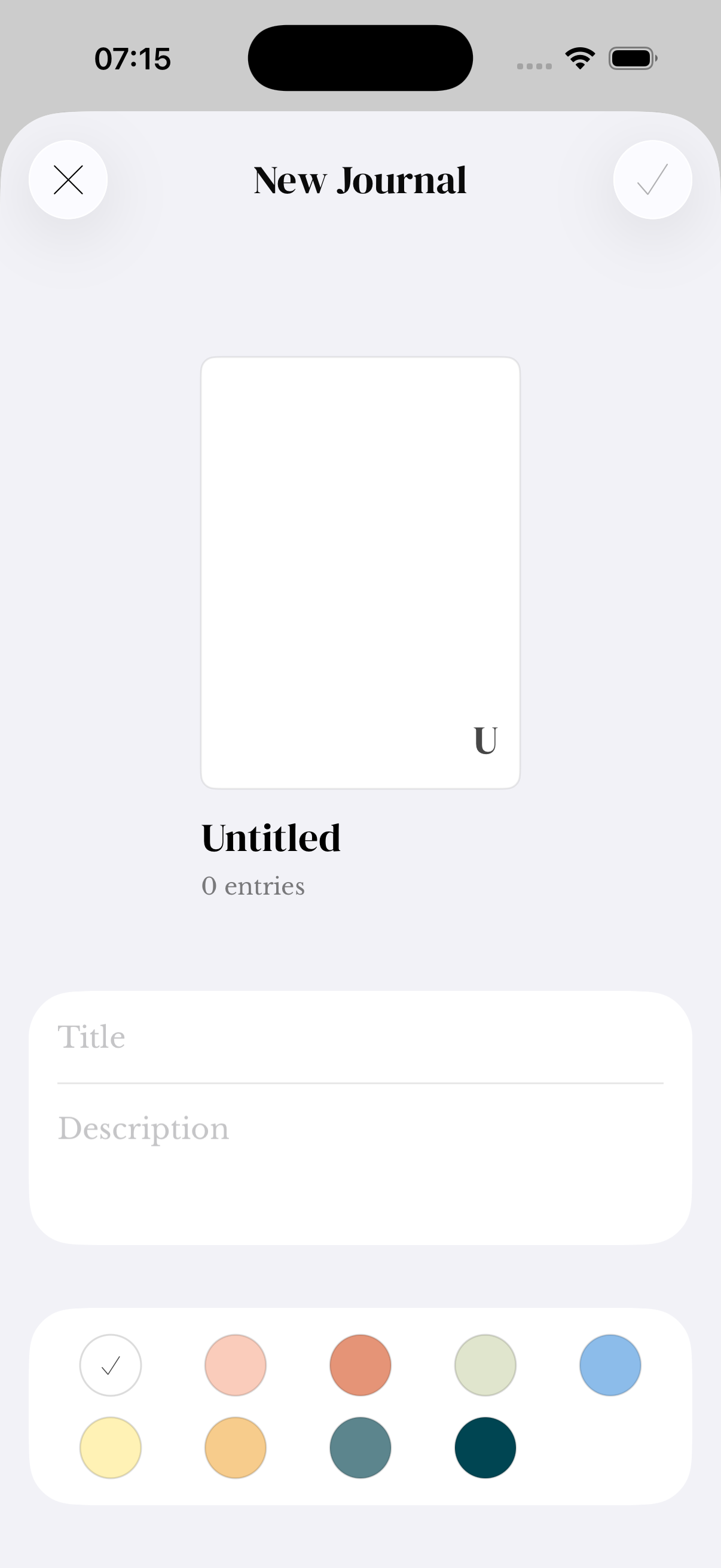 New Journal screen showing the cover preview, Title and Description fields and nine cover colors.