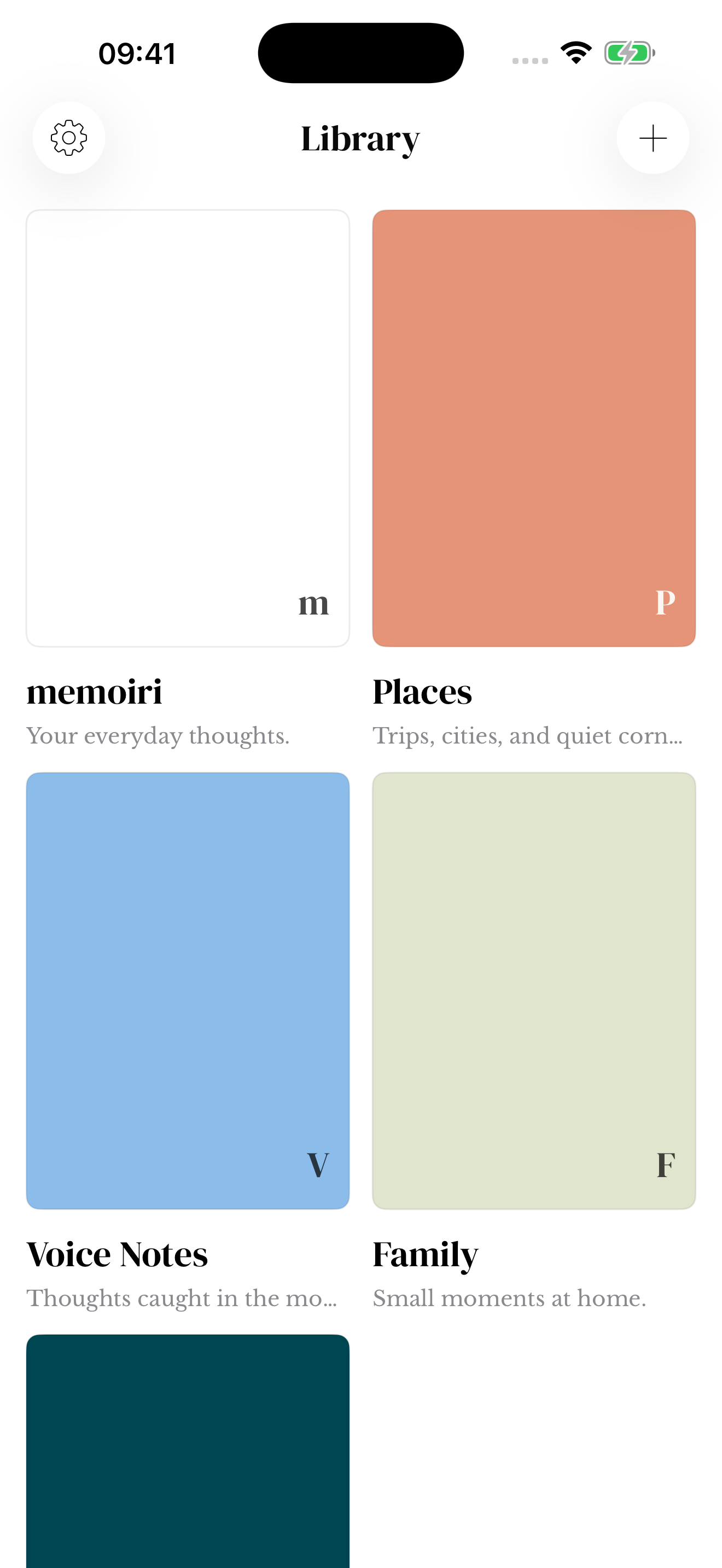Journal library with a plus action and two sample journal covers.