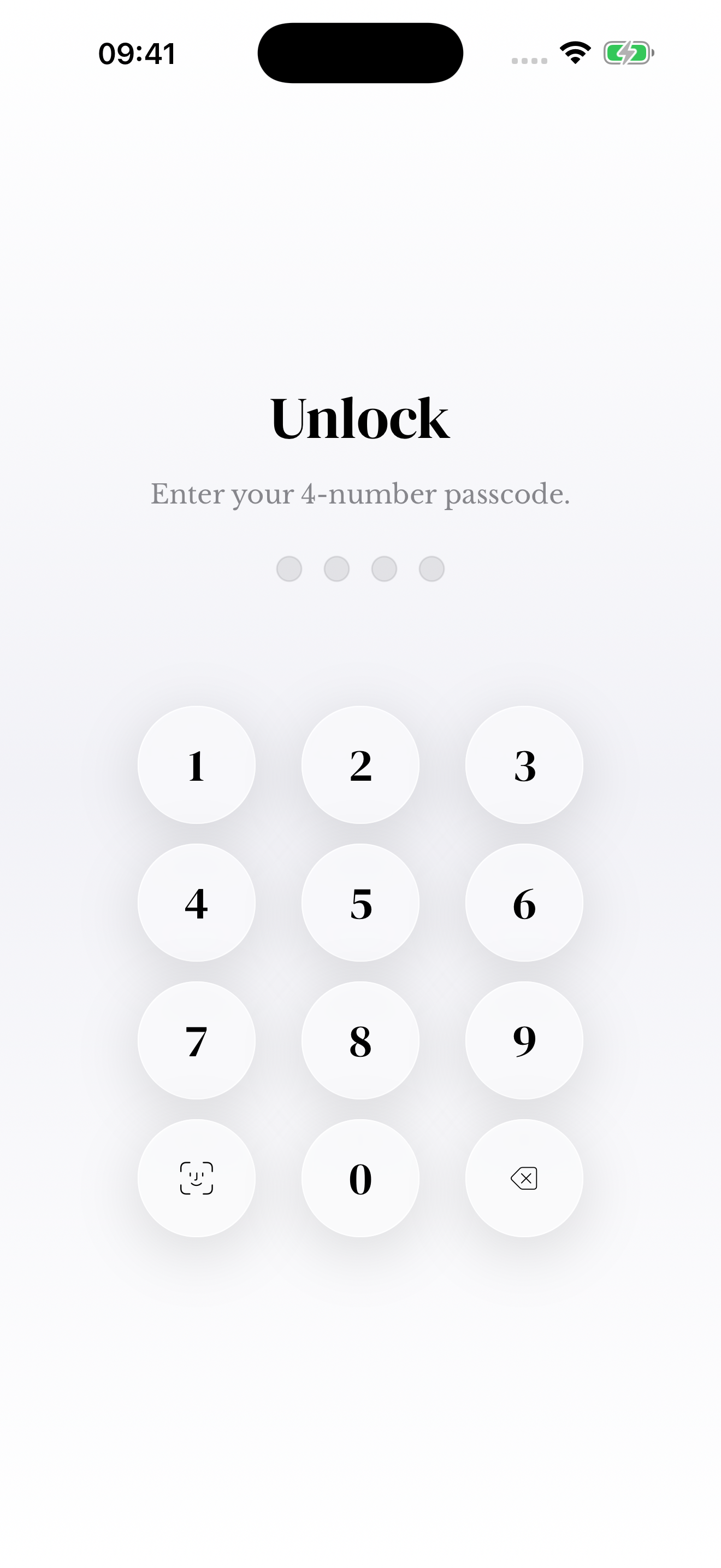Unlock screen with four empty passcode indicators, number pad and device-authentication action.