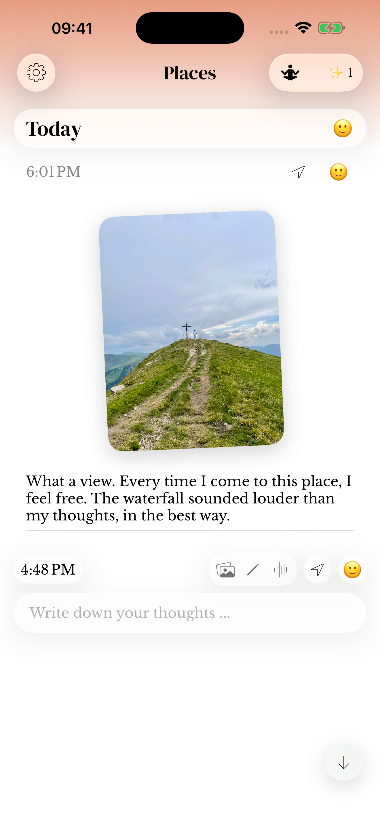 Entry metadata row with a time, outlined location arrow and mood emoji.