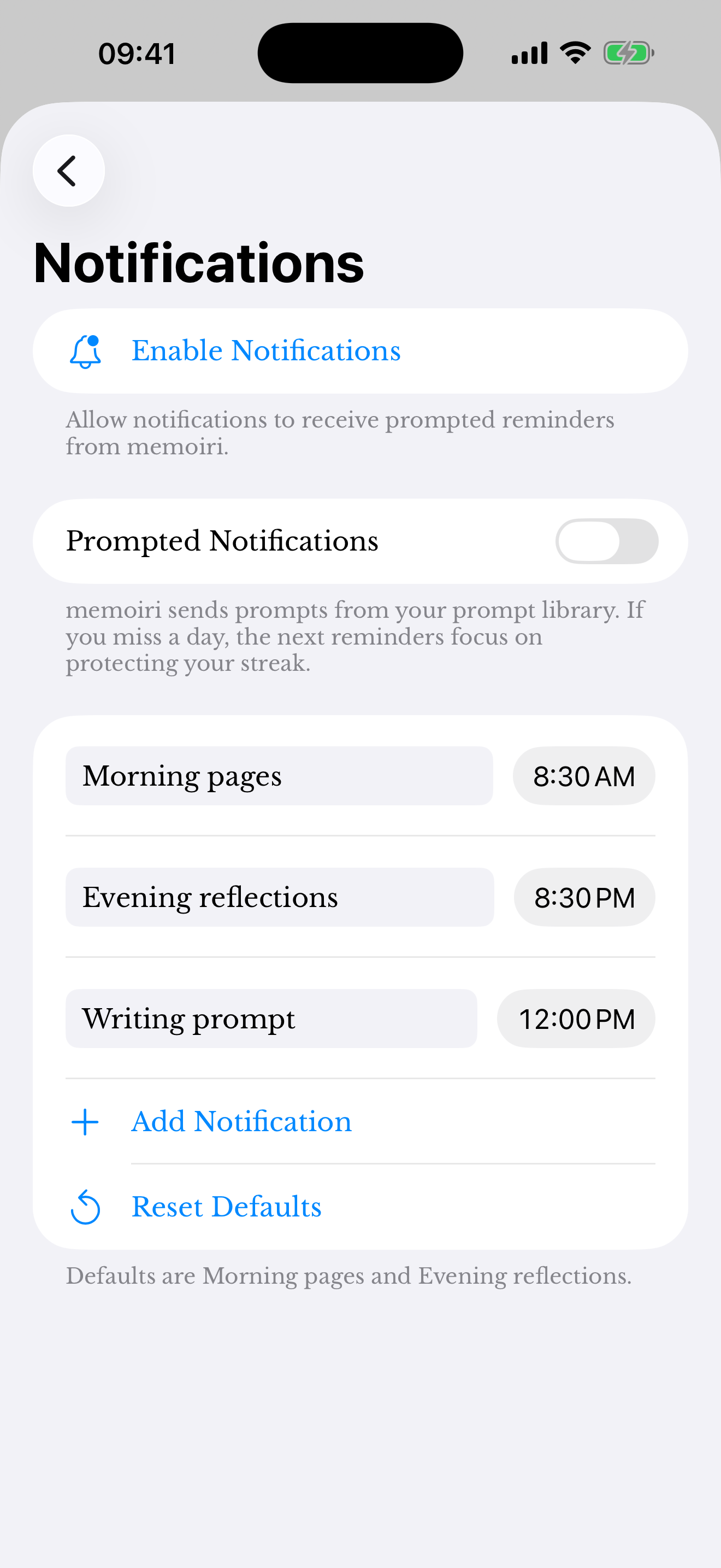 Reminder list with Morning pages, Evening reflections, Writing prompt, time controls and Add Notification.