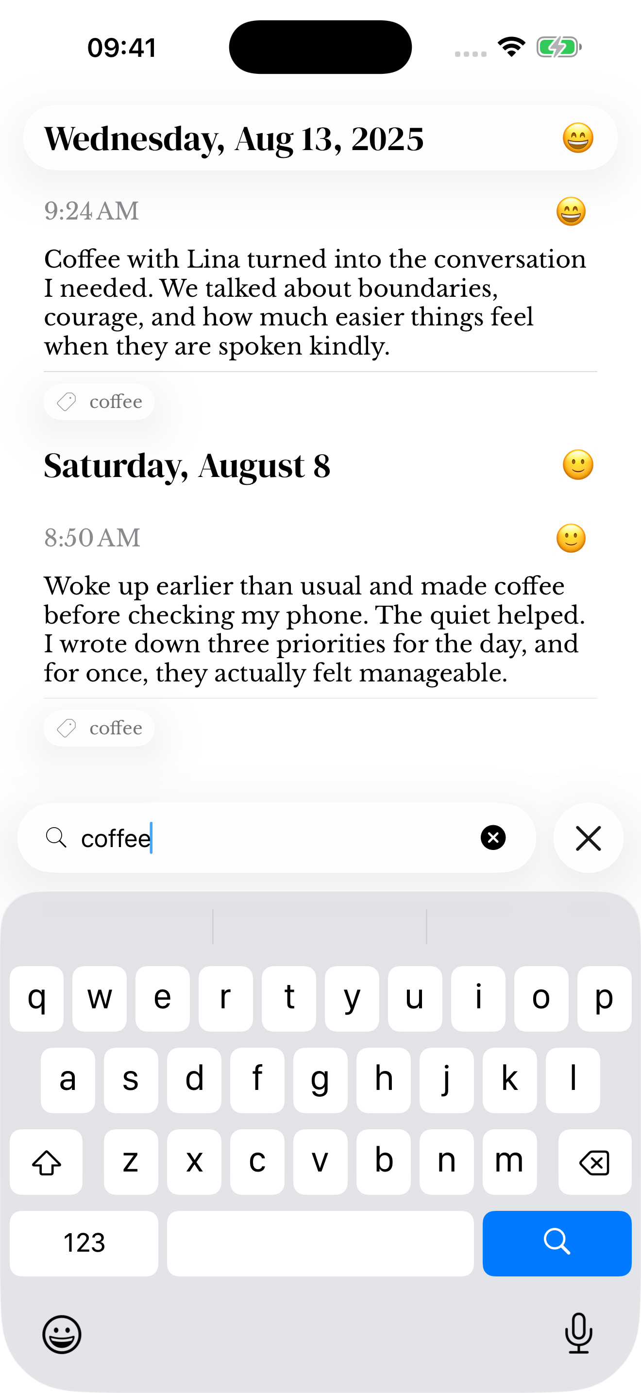 Search results for coffee, with a saved journal entry above the search field.