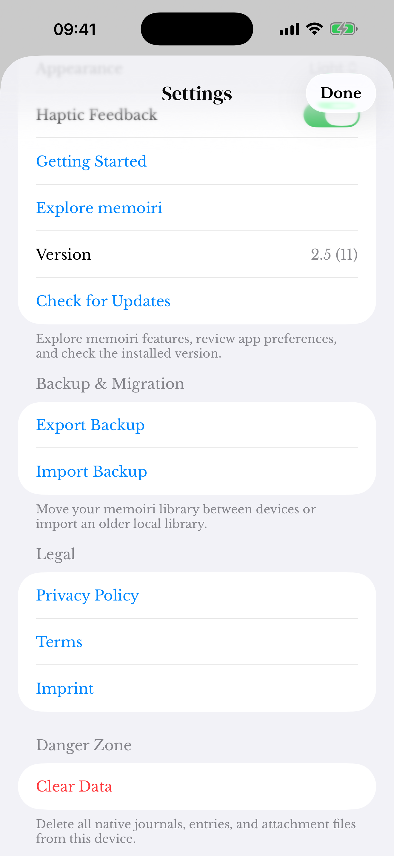 Settings with Export Backup and Import Backup actions.