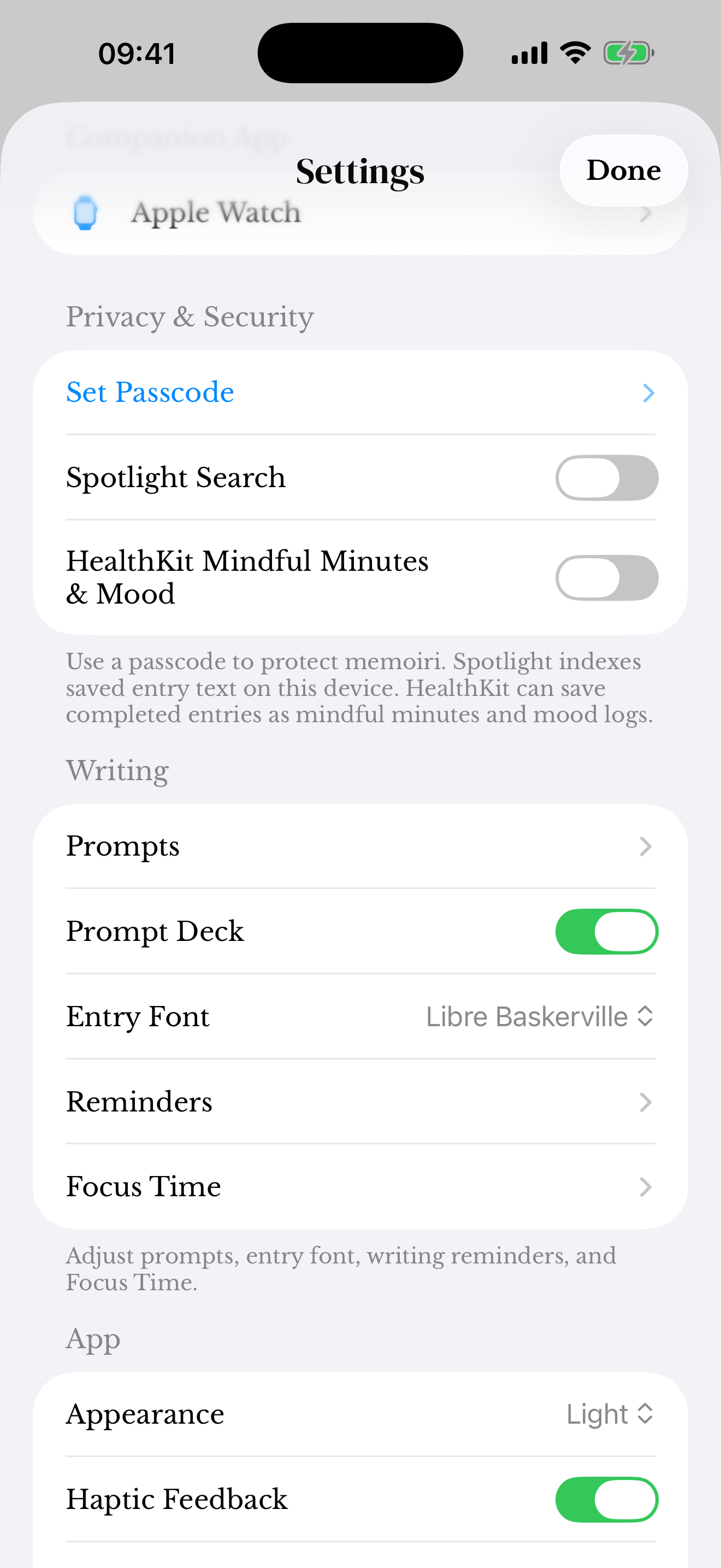 Writing settings showing Prompts, Prompt Deck, Entry Font, Reminders and Focus Time.