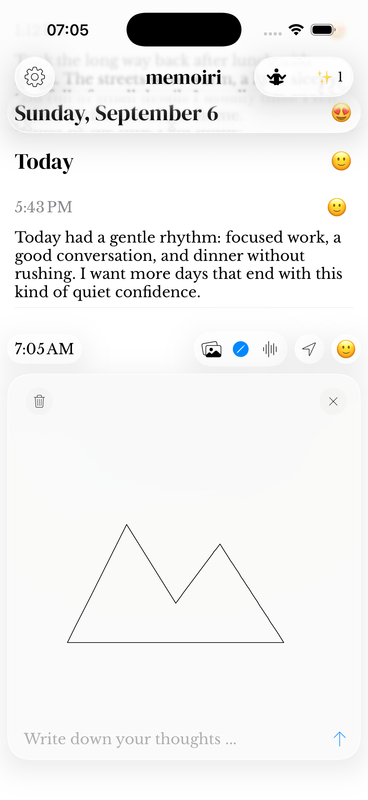 The app’s sketch canvas with a simple mountain drawing, clear and close buttons, and a send arrow.