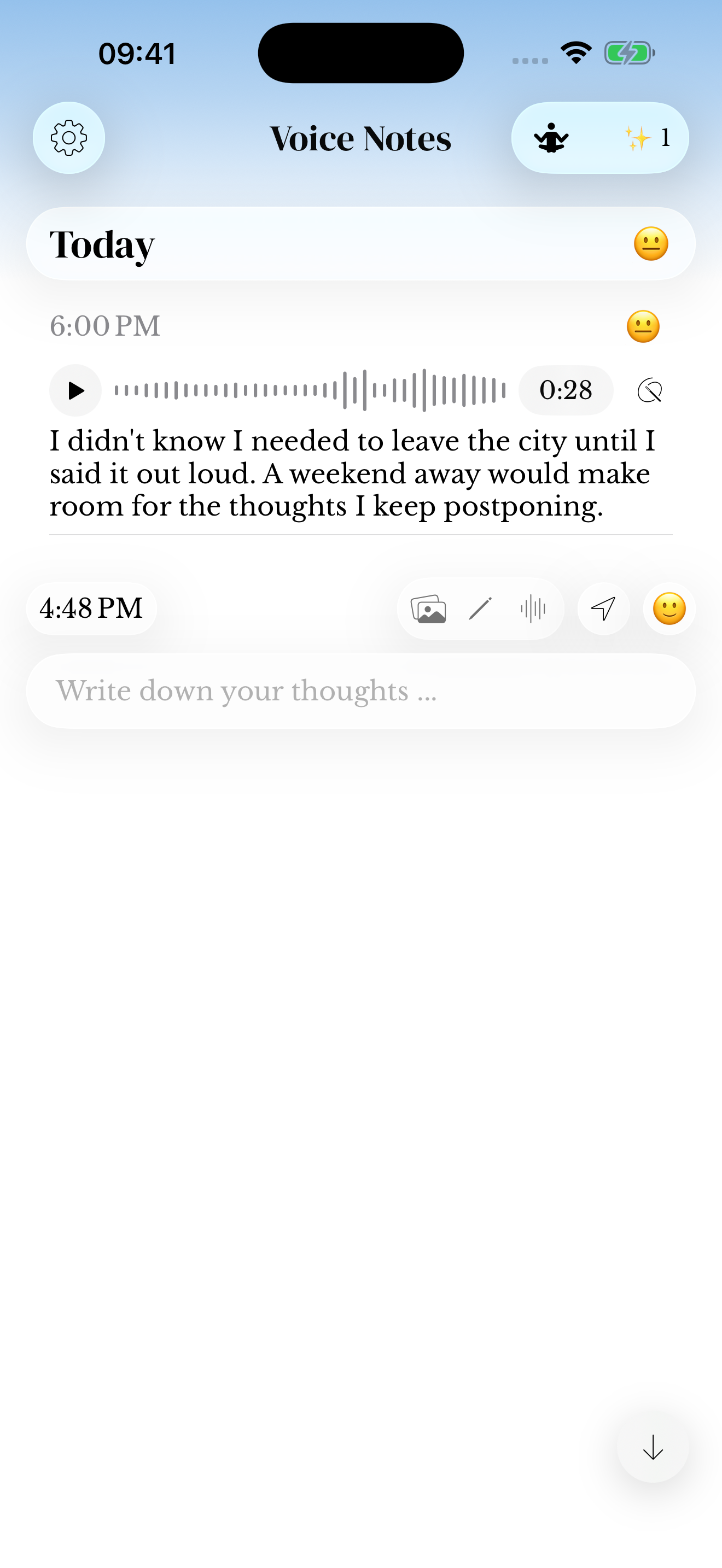 Voice Notes journal with a saved recording, waveform and written sample entry.