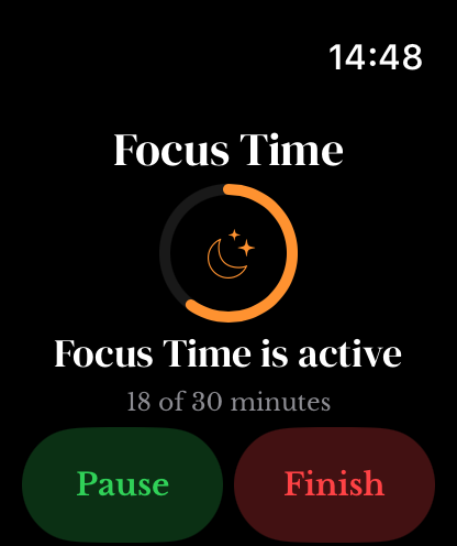 Watch Focus Time showing 18 of 30 minutes and Pause and Finish buttons.