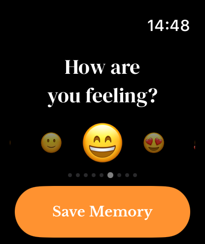 Watch mood carousel with a selected smiling emoji, neighboring choices and Save Memory button.