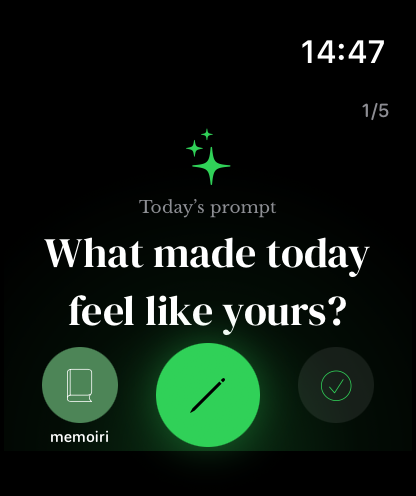 Watch Prompt page showing a sample question, journal shortcut, writing button and sync control.