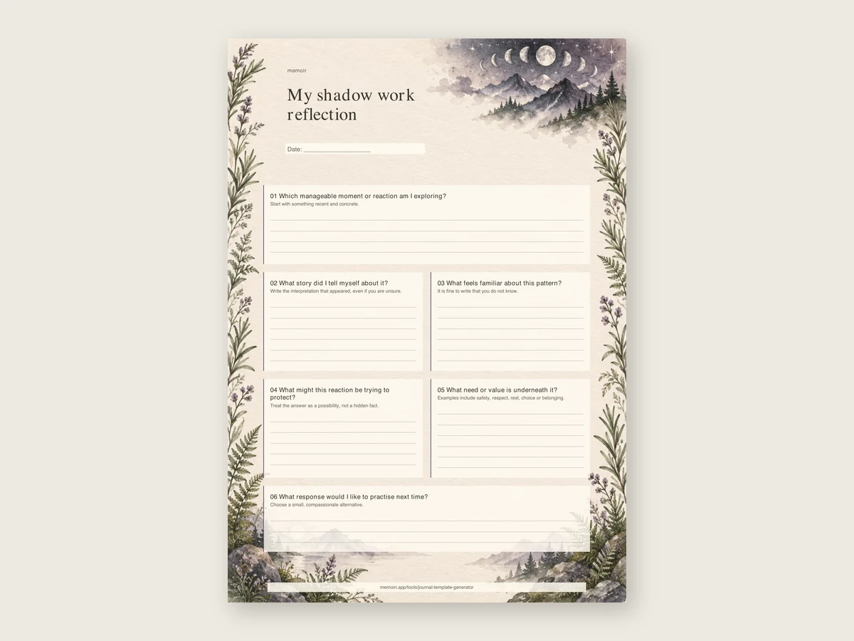 Shadow work journal template with careful prompts for exploring a manageable reaction or pattern.