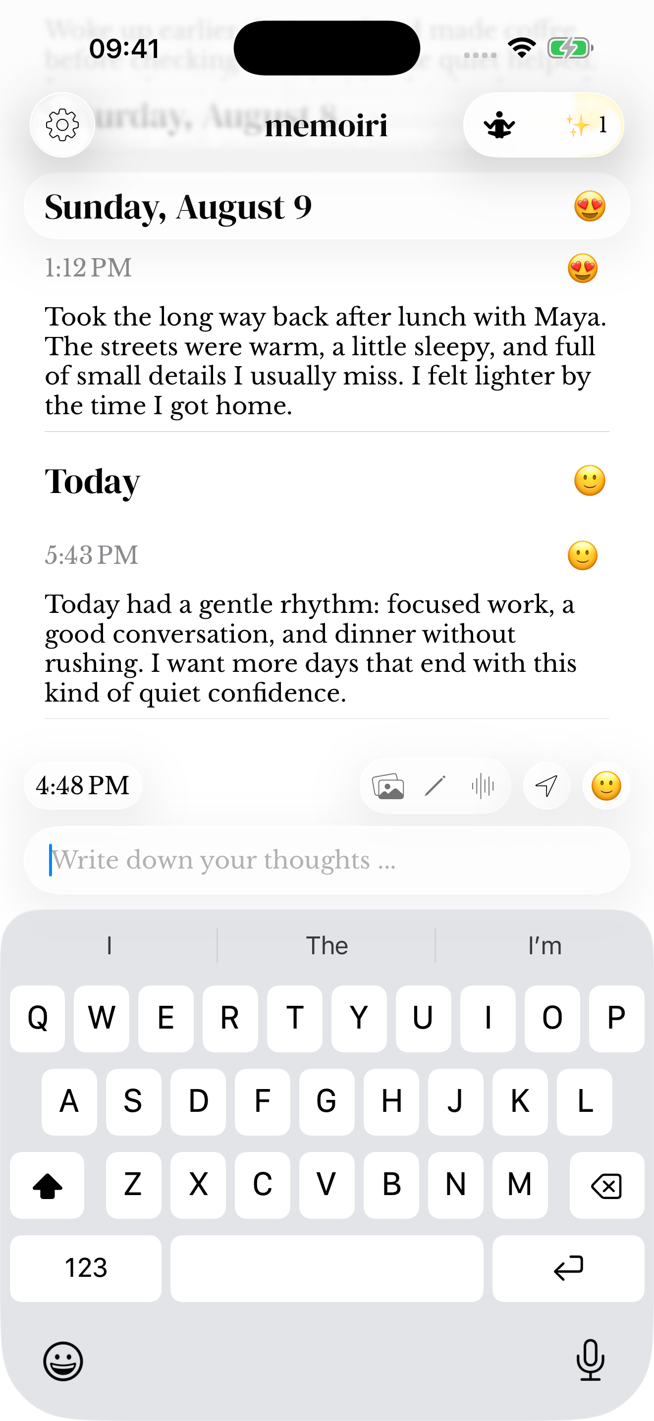 Journal composer with time, photo, sketch, voice, location, mood and writing controls.
