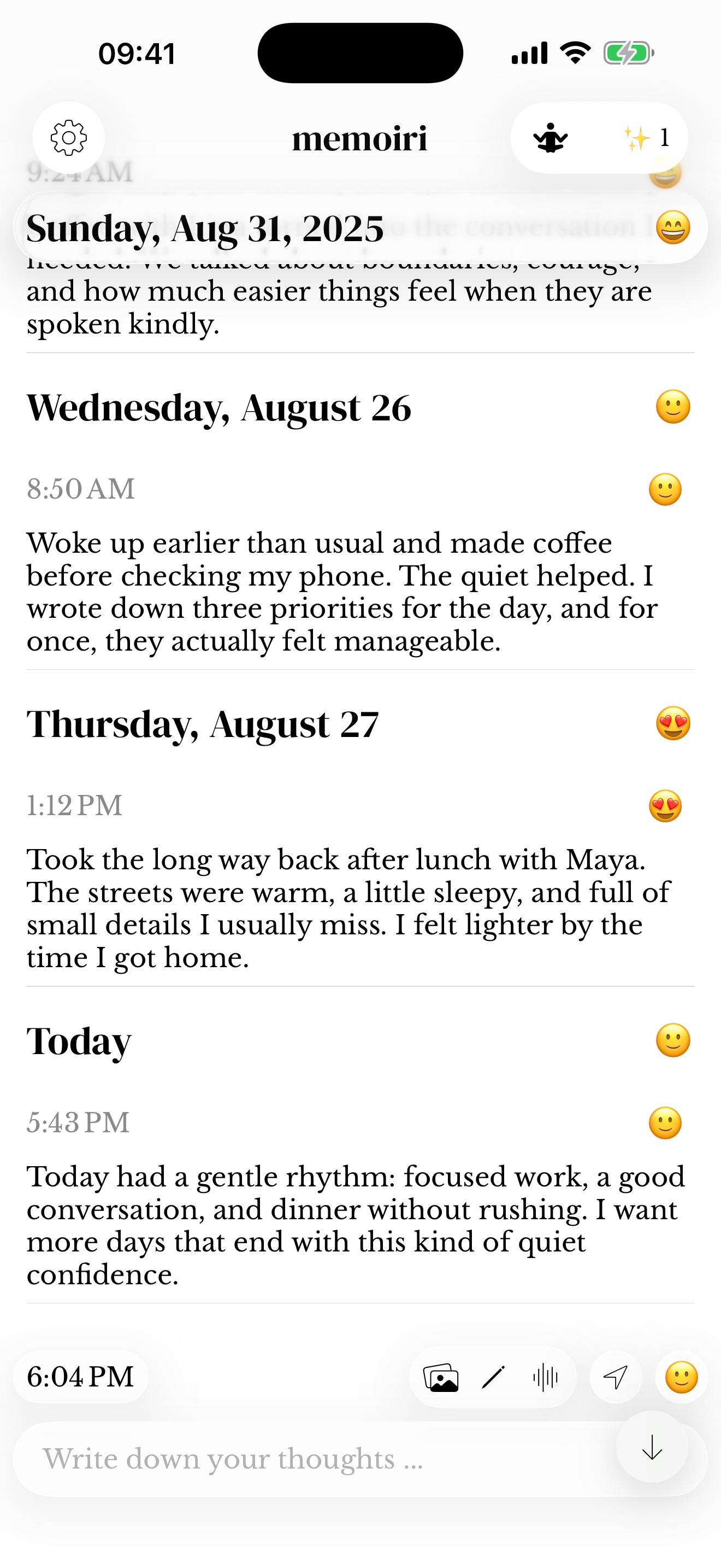 Today heading above a dated sample journal entry with a mood emoji.