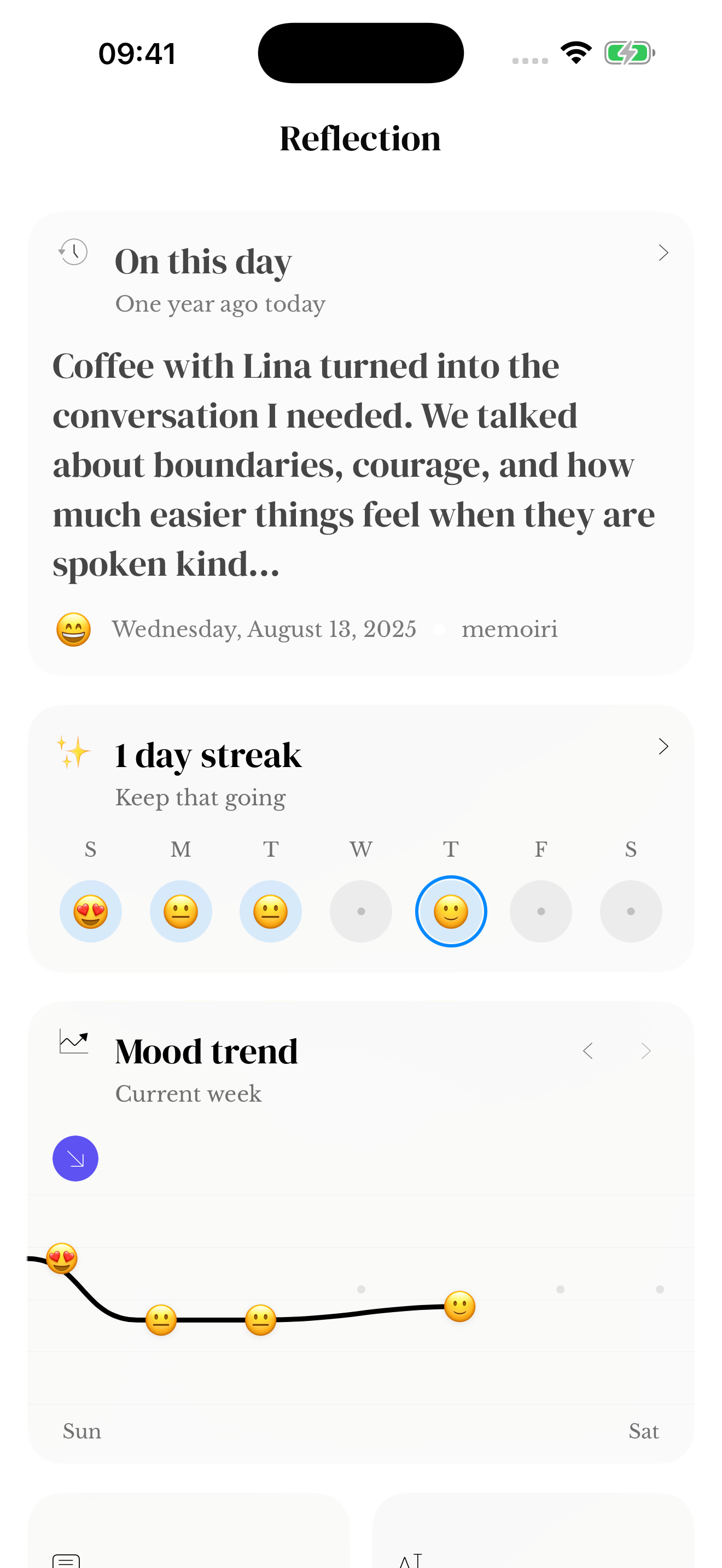 Weekly Mood trend card with mood emojis along the plotted line.