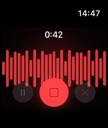 Apple Watch recording screen with a 42-second timer, waveform, pause, stop and cancel actions.