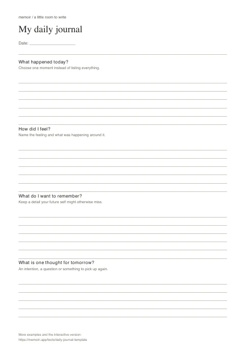 My daily journal: blank A4 worksheet with labelled sections and writing lines