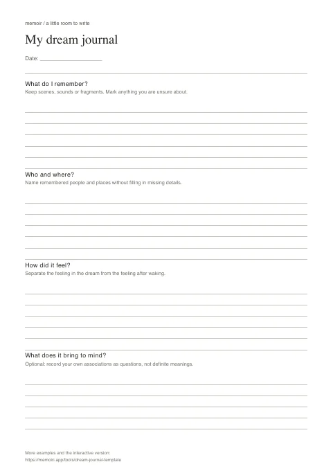 My dream journal: blank A4 worksheet with labelled sections and writing lines