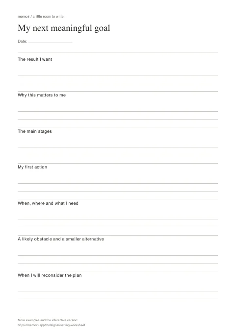 My next meaningful goal: blank A4 worksheet with labelled sections and writing lines