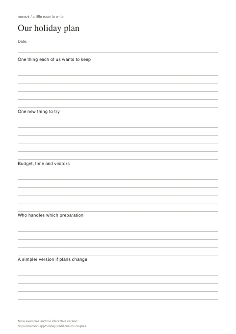 Our holiday plan: blank A4 worksheet with labelled sections and writing lines