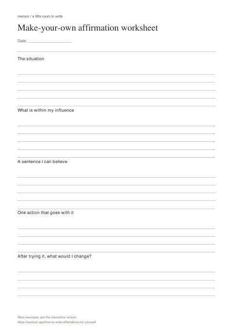 Make-your-own affirmation worksheet: blank A4 worksheet with labelled sections and writing lines