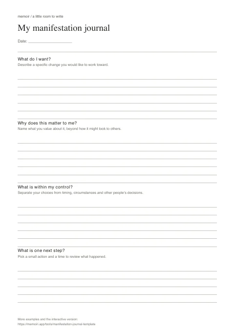 My manifestation journal: blank A4 worksheet with labelled sections and writing lines